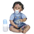50cm naturgetreue schwarze Neugeborenenpuppe mit Affen-Latzhose, Flasche und Schnuller - Groß (Mit Flasche und Schnuller) / Dunkle Haut Jungen Stil