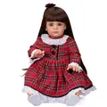 Bambola reborn realistica da 60cm con lunghi capelli castani e vestito scozzese rosso - Grande