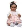 55cm lifelike reborn baby doll with dark skin wearing a pink floral dress and white cardigan - Cloth Body / Deep Skin