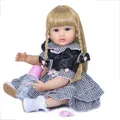 Lifelike 55cm girl reborn baby doll with blonde hair in black white plaid dress - Blonde Hair Style
