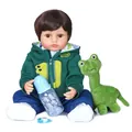 Detailed set of 55cm realistic reborn baby doll with green hoodie and plush dinosaur toy - Nude/Beige