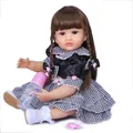 55cm lifelike reborn baby doll girl in checkered dress with pacifier and bottle set - Brown Hair Style