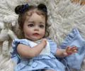 Detail of 60cm reborn baby doll with brown curls and blue bow on white faux fur carpet - Light Blue Lace Dress Style (As Shown) / 60 cm