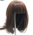 Short brown bob wig with bangs on a black stand, 55-60cm length DIY hair accessory - Brown (Small)