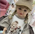 55cm reborn doll with blonde pigtails, blue eyes, bear t-shirt and woven sun hat - Blonde Pigtails Bear T-shirt Style (2) / 3D Exquisite Painted