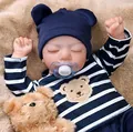 19-Zoll schlafende Reborn-Puppe im blau gestreiften Outfit mit Plüschbär und Schnuller - Schwarz Gestreiftes Outfit / 19 Zoll