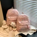 Pink embossed fabric student backpack set with butterfly embroidery and plush charms - Large / With Charm / Pink