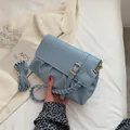Light blue ruched handbag with woven handle and buckle detail for women - Blue