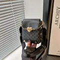 Black mini crossbody bag with M-letter pattern, golden heart buckle and wide strap - Black