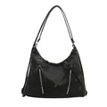 Minimalist black hobo shoulder bag with decorative zippers and chic bow accents - Black