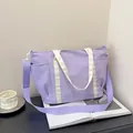 Japanese style large purple tote bag with white contrast straps and side pockets - Purple