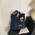 Chic dark blue denim tote bag with plush monster pendant and large capacity for daily use - Without Pendant / Deep Blue Zippered Style