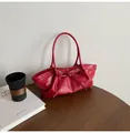 Elegant bright red woven handbag with chic bow detail and ruched texture for women - Red