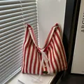 Red and white vertical striped canvas tote bag with lace bow and handmade plaque - Red