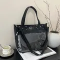Y2K style black tote bag with transparent PVC heart buckle and metal studs - Black