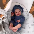 50cm lifelike newborn Harper doll in blue waffle knit outfit and matching long tail hat - Full Silicone Body / Deep Blue (As Pictured)