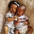 Pair of 18 inch realistic dark skin reborn twin dolls sleeping on a plush beige rug - Full Silicone Boy Hand-Painted Head Style