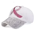 White cotton baseball cap with pink rhinestone ribbon and sparkling diamond-studded brim - White