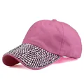 Detail of pink cotton baseball cap with sparkling silver rhinestones on the brim - Adjustable / Pink