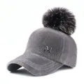 Gray plush baseball cap for women with large black faux fur pompom and metal M logo - Adjustable / Gray (5-Panel Gray Pom-pom Pin Style) / Adult