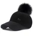Close-up of black plush baseball cap with fluffy pom-pom and golden metal letter M - Adjustable / Black (5-Panel Black Pom-pom Pin Style) / Adult