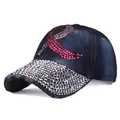 Detail of pink rhinestone ribbon and silver crystals on dark blue denim baseball cap - Dark Blue Denim (Denim 5)