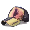 Detailed macro of iridescent sequins and breathable black mesh on this baseball cap - Colorful