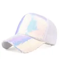 Close-up of white sequin baseball cap with iridescent finish and breathable mesh texture - White