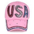 Detail of pink cotton baseball cap with USA rhinestone lettering and brim jewels - Pink