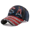 Detail of USA rhinestone lettering and metallic studs on dark blue denim baseball cap - Adjustable / Washed Blue Denim (No. 5)