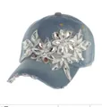 Berretto da baseball in denim blu invecchiato con fiori di strass scintillanti da donna - Denim Blu Usurato