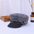 Detail view of leopard print newsboy cap with black brim and decorative braided rope - M (56-58cm) / Small Leopard Gray