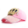 Detail of pink baseball cap with sequin crown patch, pearls and rhinestone brim trim - Adjustable / Pink