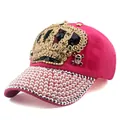 Detail of rose red baseball cap with sequins crown, pearls, and rhinestones on the brim - Adjustable / Rose Red