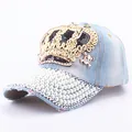 Detail of sequined crown and faux pearls on light blue washed denim baseball cap - Adjustable / Light Blue Denim
