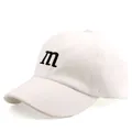Close-up of white cotton baseball cap featuring black embroidered letter m detail - Adjustable / White