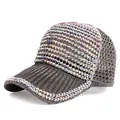 Macro detail of breathable grey mesh baseball cap with shiny iridescent rhinestones - Adjustable / Gray