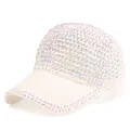 Detailed view of white mesh baseball cap featuring shimmering iridescent rhinestones - Adjustable / White