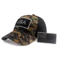 Detail of tactical camo baseball cap with mesh panels and removable USA flag patches - Adjustable / Black