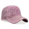 Close-up of pink mesh baseball cap featuring luxury rhinestones and breathable knit structure - Adjustable / Pink