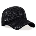 Close-up of black mesh baseball cap with sparkling rhinestone embellishments and brim texture - Adjustable / Black