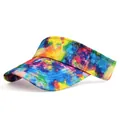Detail shot of vibrant tie-dye sun visor hat showing parallel brim stitching and pattern - One Size / Rainbow