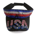 Detail of USA rhinestones and patriotic flag colors on black sun visor hat - USA Five Stars