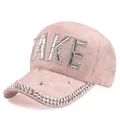 Detailed view of pink lace baseball cap featuring shimmering rhinestone TAKE lettering - Adjustable / Pink
