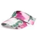Close-up of pink and green tie-dye sun visor hat with detailed stitching on the brim - One Size / Grey Purple