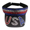 Detail of USA rhinestone design on black sun visor hat with red white and blue crystals - USA Three-color Rhinestones