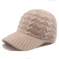 Detailed view of cable knit baseball cap with colorful rhinestone V-patterns - Adjustable / Beige