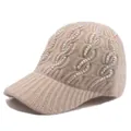 Detail of beige cable-knit baseball cap featuring colorful rhinestone embellishments - Adjustable / Beige