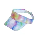 Detail of colorful tie-dye sun visor with stitched brim and adjustable velcro strap - One Size / Green Purple