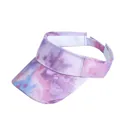 Detail view of colorful tie-dye sun visor hat with adjustable velcro strap closure - One Size / Purple